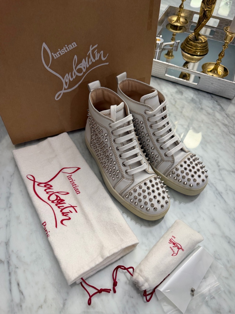 Christian louboutin Louis studded white silver with box spike sneakers 37.5 - Picture 2 of 11